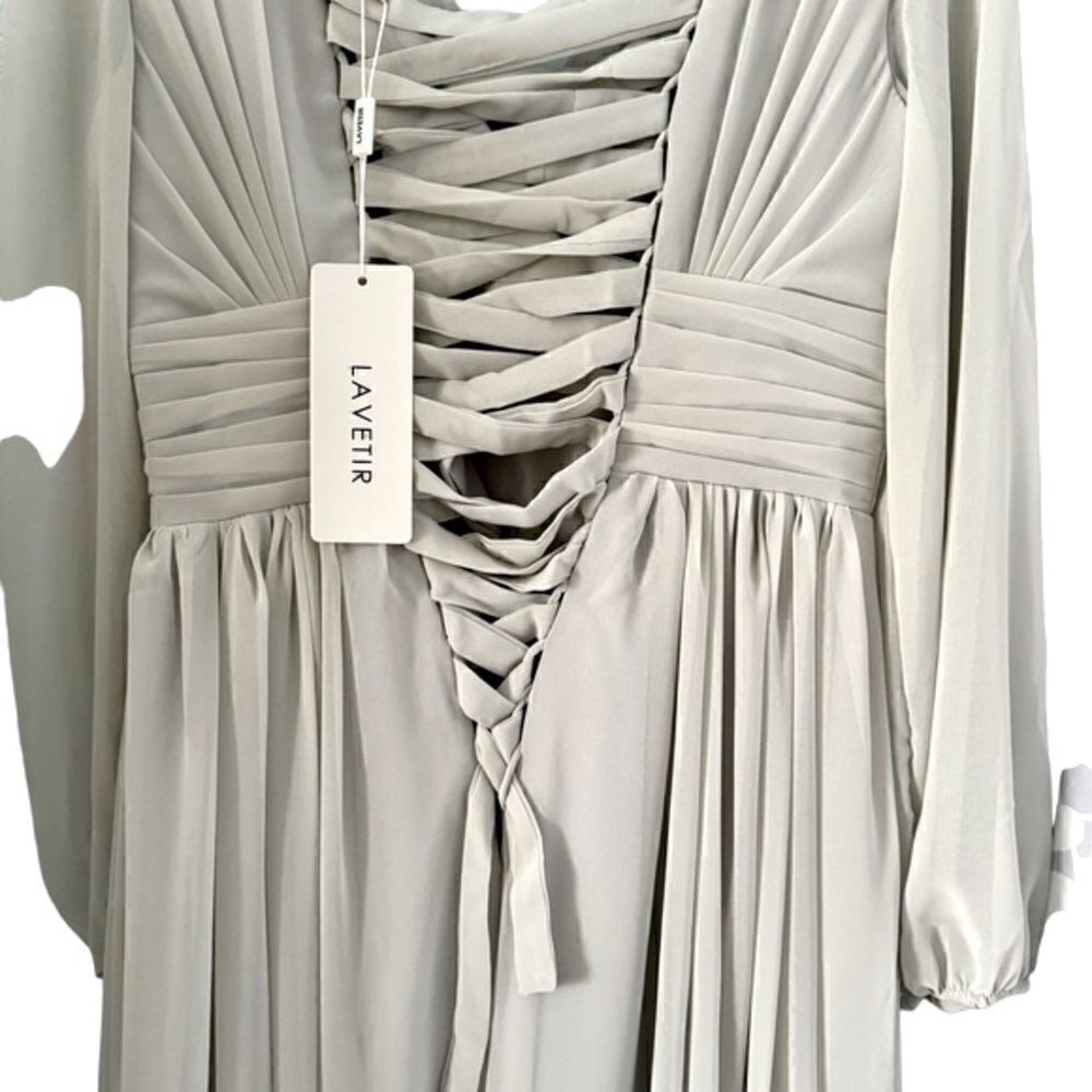 Lavetir Silver Chiffon V-Neck Long Formal A-Line Dress Lace Up Back Size Small - Picture 11 of 14